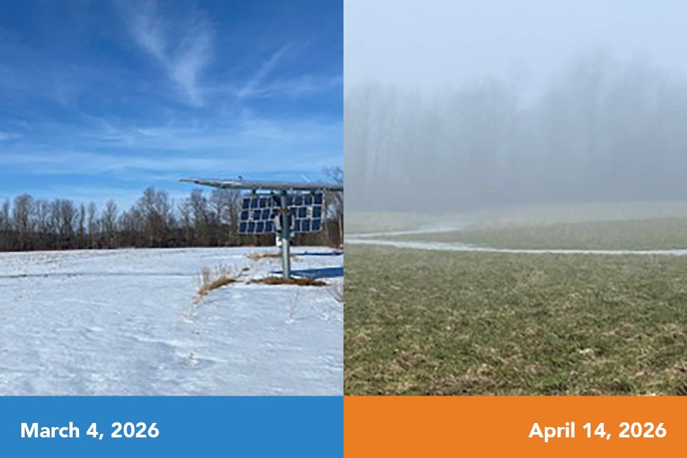 A snowy photo of farm in early March, and photo after April showers.